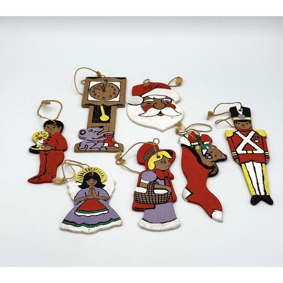 Vintage Flat Double Sided Wooden Christmas Ornaments Lot of‎ 7 Clock Mouse Santa - Picture 1 of 10